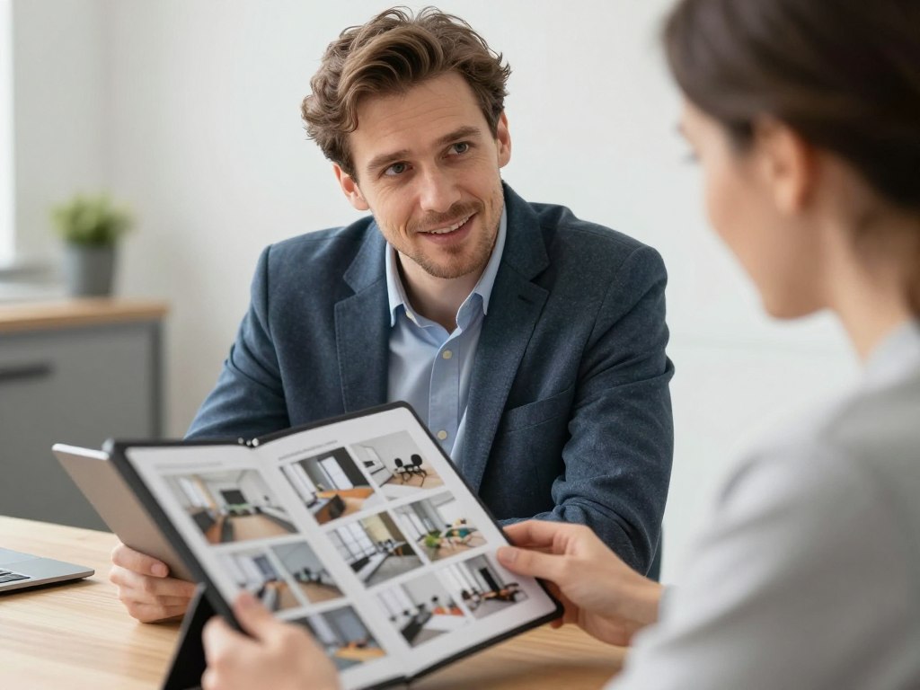 Maurer zeigt einem Kunden Referenzfotos früherer Projekte Maurer zeigt einem Kunden Referenzfotos früherer Projekte