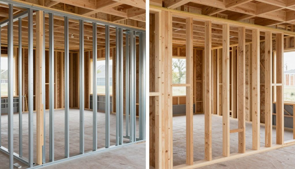 Metallständerwerk und Holzständerwerk für Trockenbauwand im Vergleich