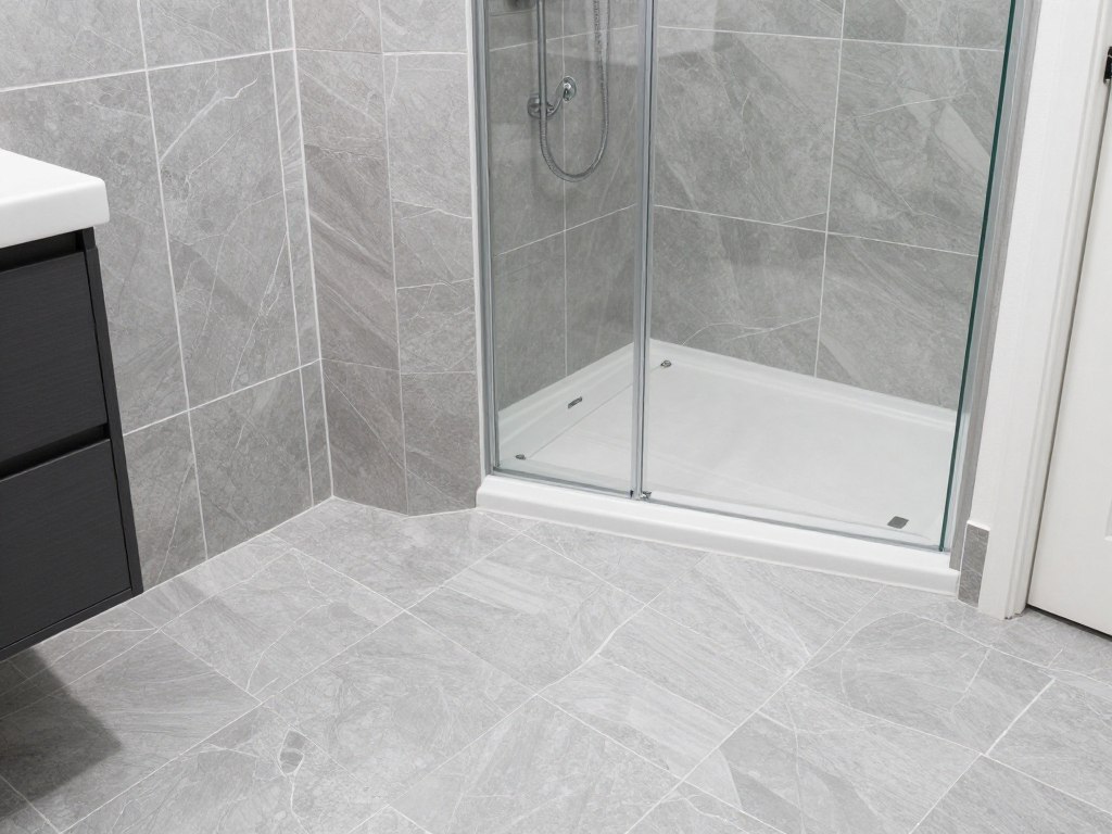 Moderne Badfliesen in grau und weiß, rutschfeste Oberfläche, hochwertige Verlegung in Duschbereich Moderne Badfliesen in grau und weiß, rutschfeste Oberfläche, hochwertige Verlegung in Duschbereich