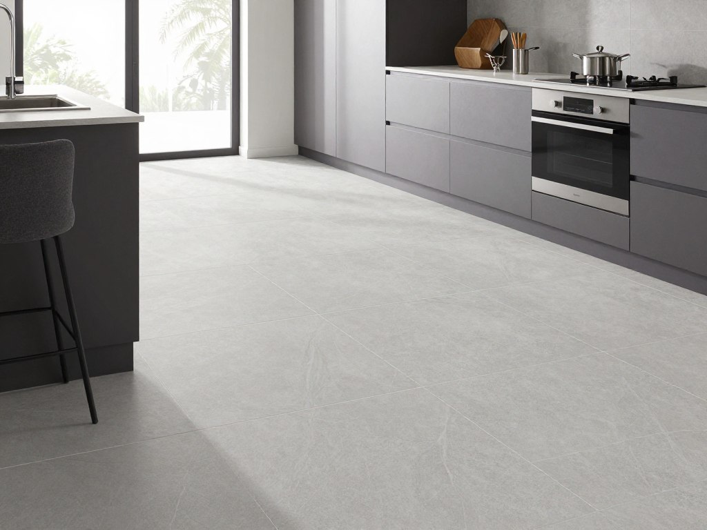 Moderne Küche mit großformatigen Bodenfliesen Syke