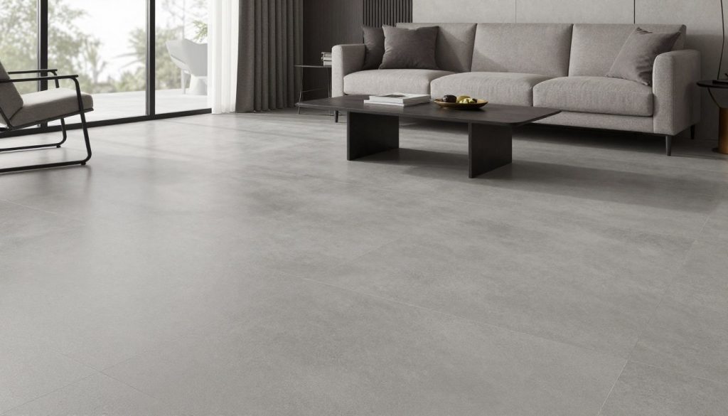 Moderne großformatige Fliesen in Betonoptik im Wohnzimmer
