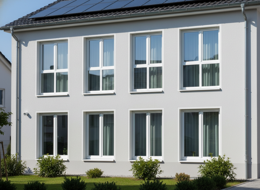 Moderne weiße Kunststofffenster mit Mehrfachverglasung in zeitgenössischem Wohnhaus