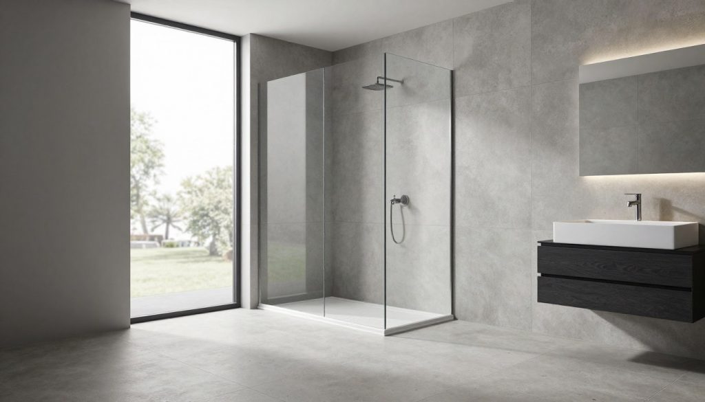 Modernes Badezimmer mit großformatigen Fliesen in Betonoptik und bodenebener Dusche Modernes Badezimmer mit großformatigen Fliesen in Betonoptik und bodenebener Dusche