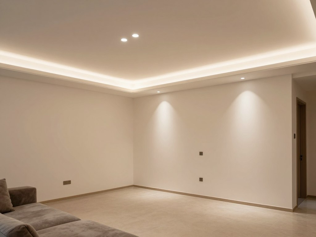 Modernes Wohnzimmer mit fertiggestelltem Trockenbau und indirekter Beleuchtung Modernes Wohnzimmer mit fertiggestelltem Trockenbau und indirekter Beleuchtung