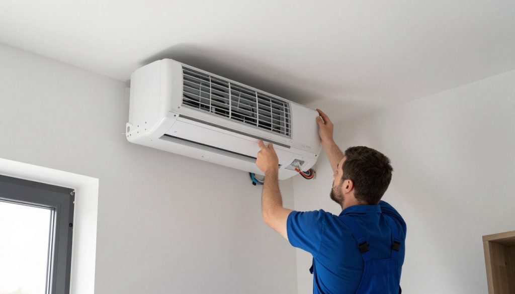 Montage einer Split-Klimaanlage an der Wand durch SHK-Installateur Montage einer Split-Klimaanlage an der Wand durch SHK-Installateur