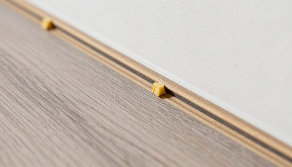 Nahaufnahme Dehnungsfuge zwischen Laminatboden und Wand mit Abstandhaltern Nahaufnahme Dehnungsfuge zwischen Laminatboden und Wand mit Abstandhaltern