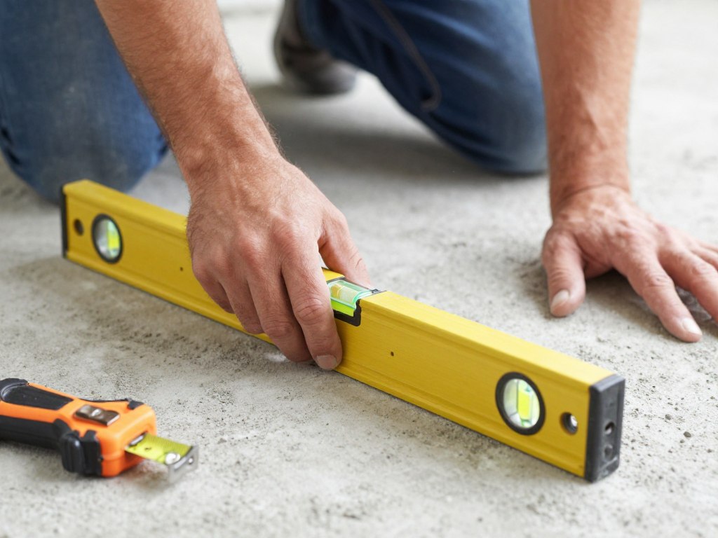 Nahaufnahme Fliesenleger prüft Untergrund mit Wasserwaage vor Verlegung