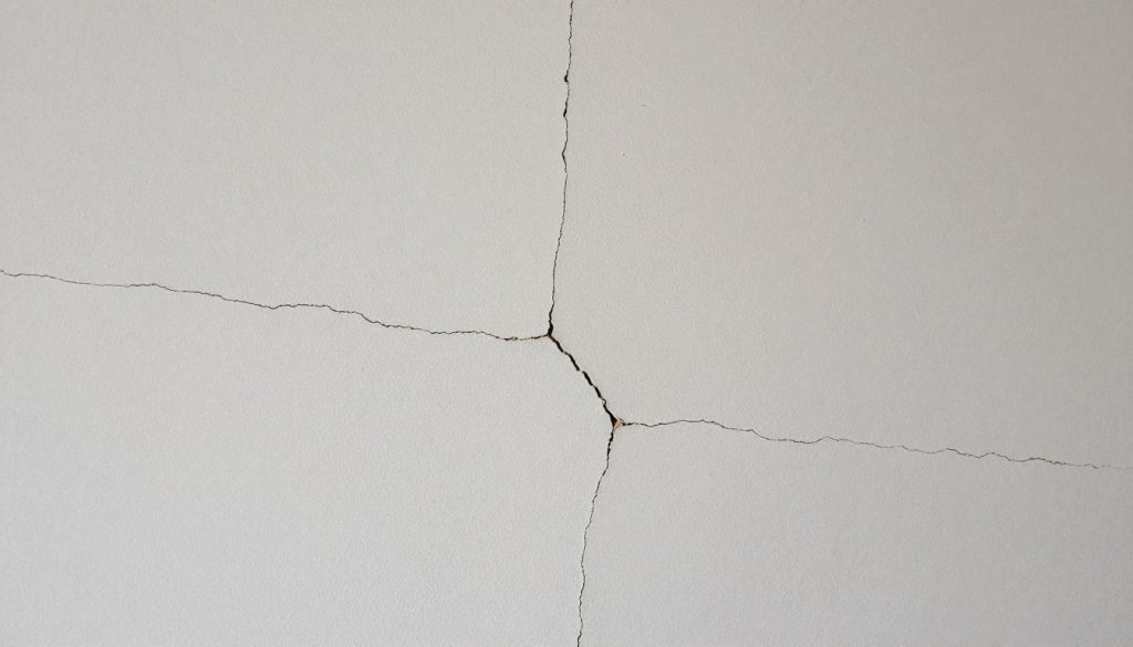 Nahaufnahme eines Risses in verputzter Wand, Beispiel für mangelhaft ausgeführte Arbeit