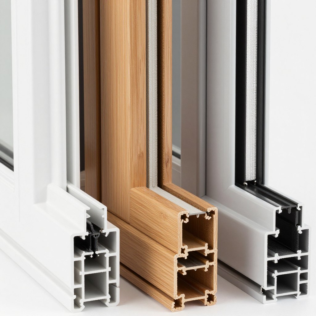 Nahaufnahme verschiedener Fensterrahmen-Materialien: Kunststoff, Holz und Aluminium im Vergleich