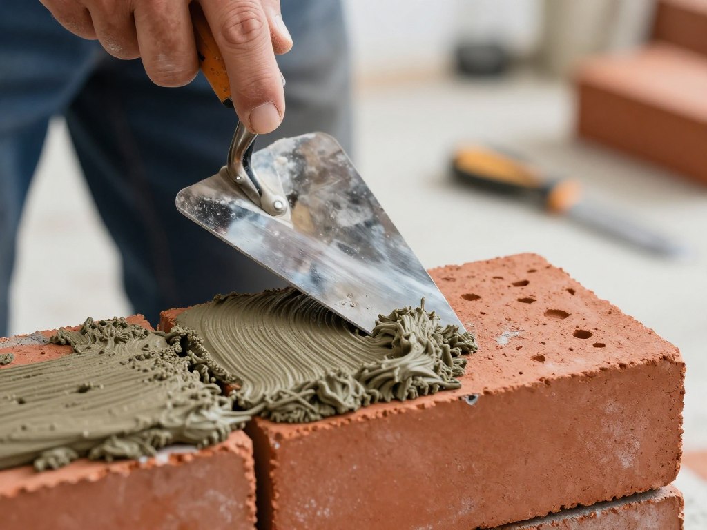 Nahaufnahme von Maurerarbeiten mit Kelle und Mörtel an Ziegelsteinen