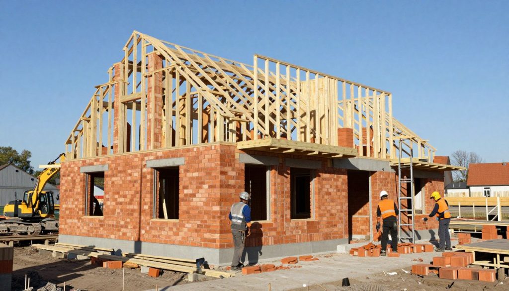 Neubau Rohbau in Hude mit Handwerkern im Einsatz