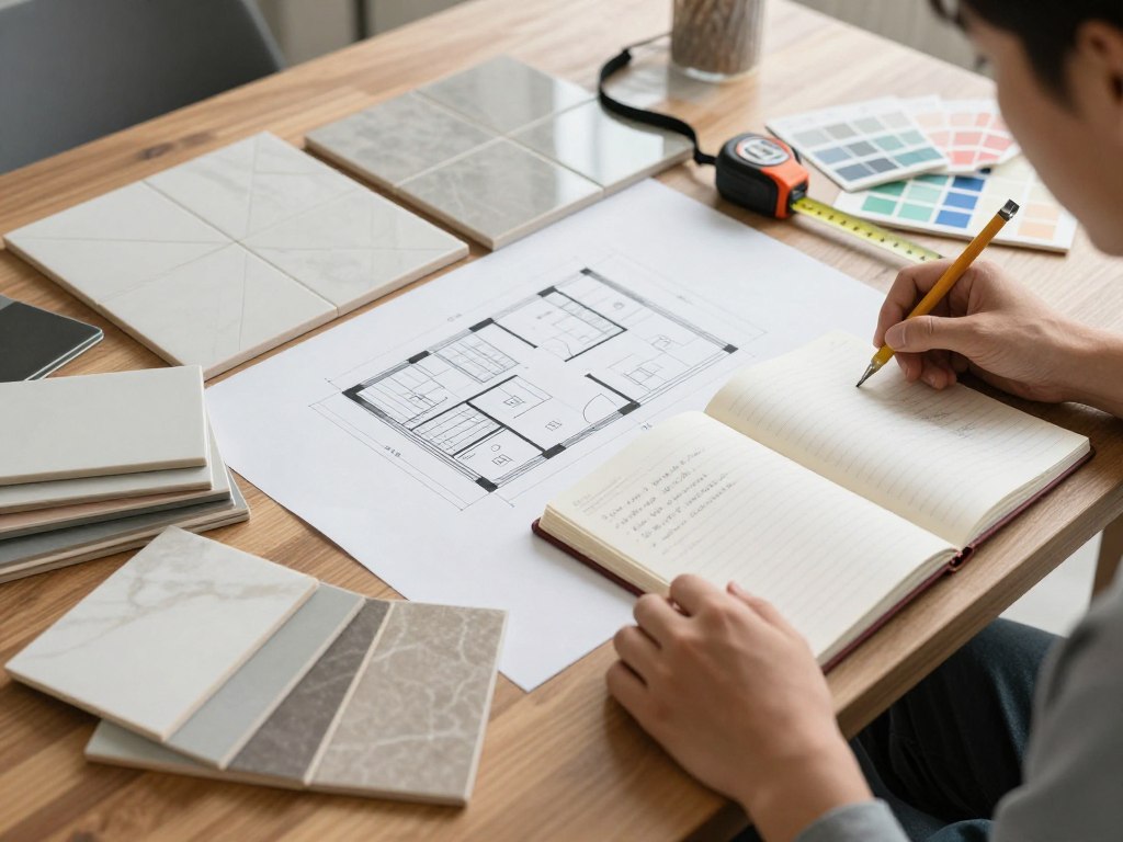 Planung von Fliesenleger Projekt mit Mustern und Grundriss