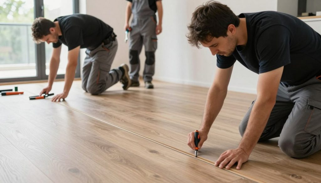 Polnisches Handwerkerteam bei professioneller Verlegung von Vinylboden in deutschem Wohnhaus Polnisches Handwerkerteam bei professioneller Verlegung von Vinylboden in deutschem Wohnhaus