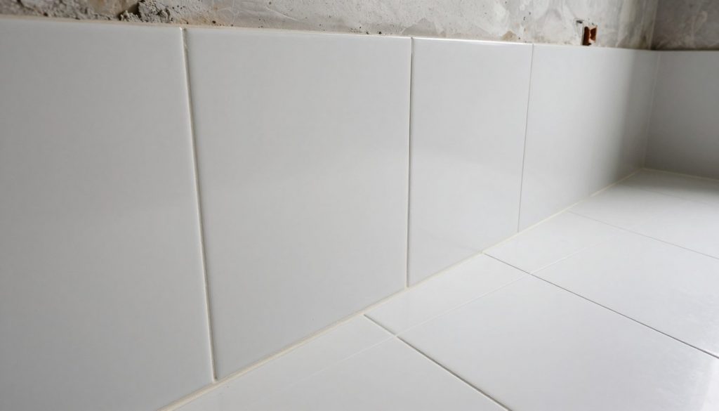 Professionell saubere Fliesenarbeit mit perfekten Fugen als Gegenbeispiel