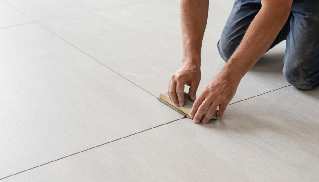 Professionelle Fugenarbeit bei Fliesenverlegung durch erfahrenen Fliesenleger