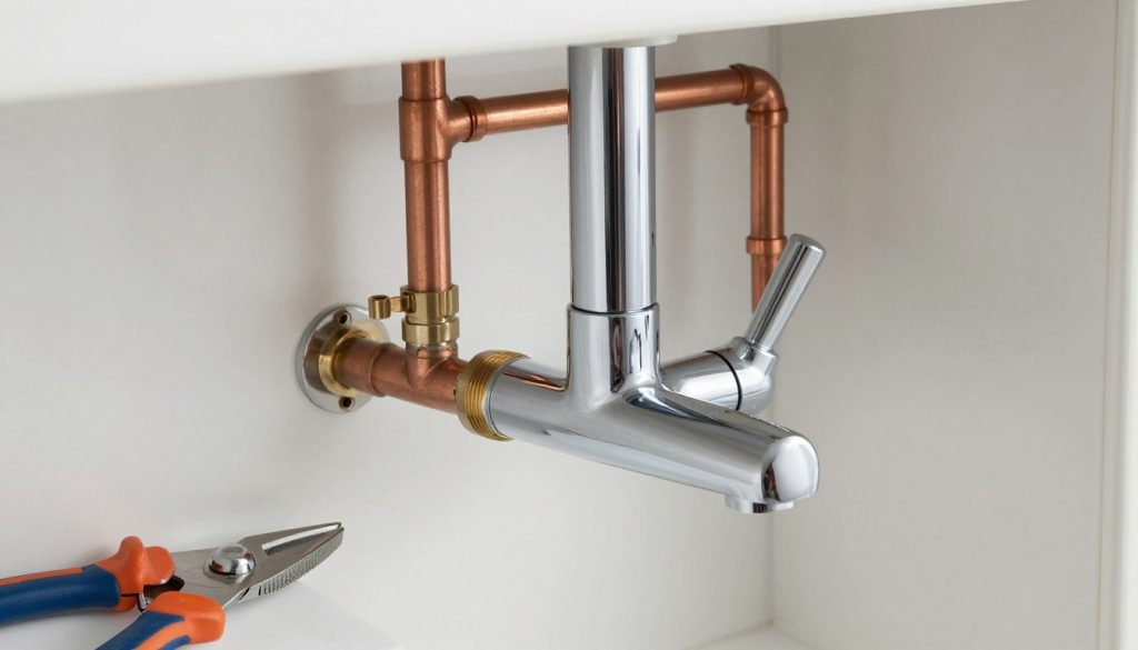 Professionelle Sanitärinstallation mit verchromten Armaturen und Kupferrohren Professionelle Sanitärinstallation mit verchromten Armaturen und Kupferrohren