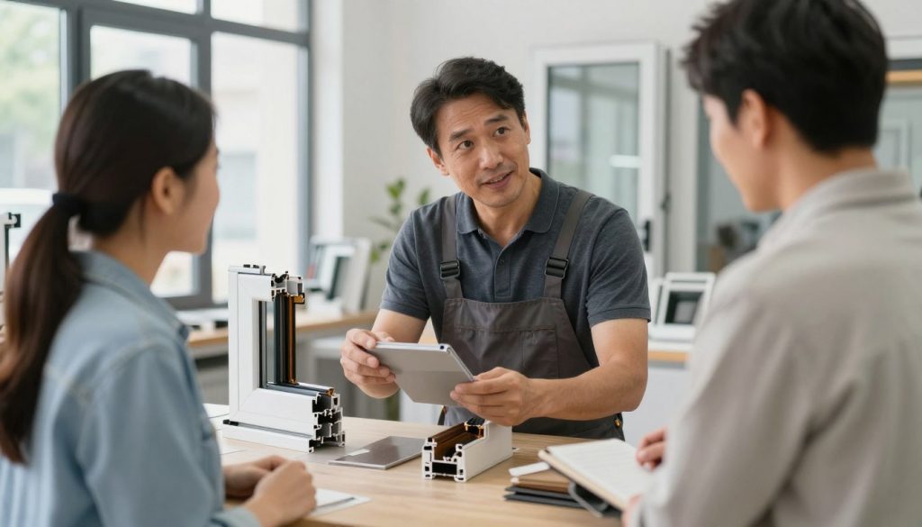 Professioneller Fensterbauer zeigt Materialproben und berät Kunden Professioneller Fensterbauer zeigt Materialproben und berät Kunden