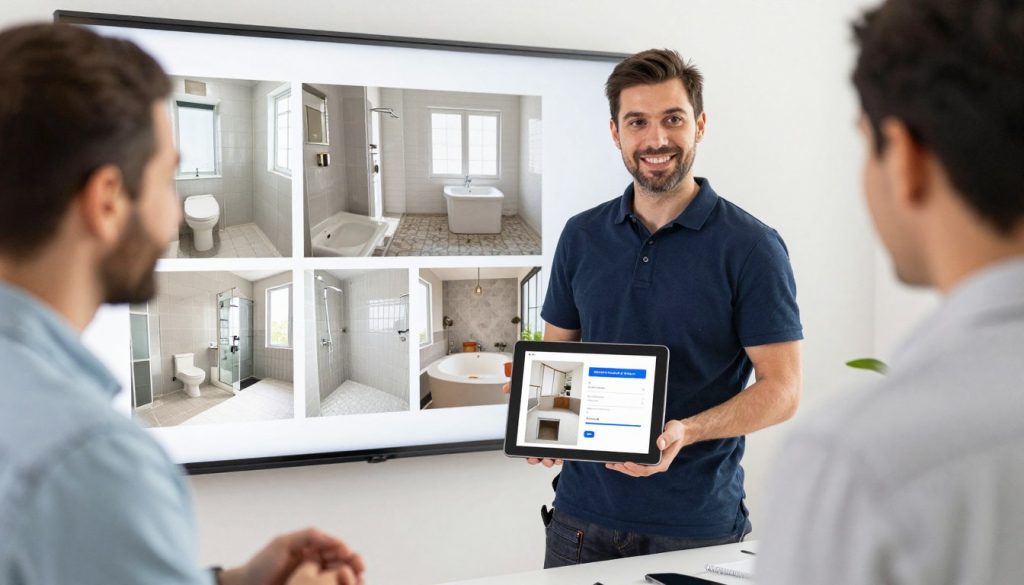 Professioneller Fliesenleger zeigt Referenzfotos auf Tablet seinem Kunden Professioneller Fliesenleger zeigt Referenzfotos auf Tablet seinem Kunden