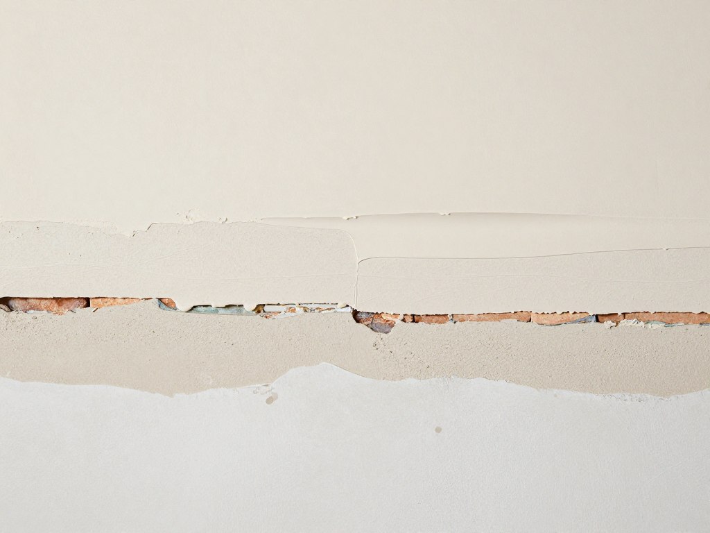 Querschnitt einer verputzten Wand mit sichtbaren Putzschichten, technische Darstellung