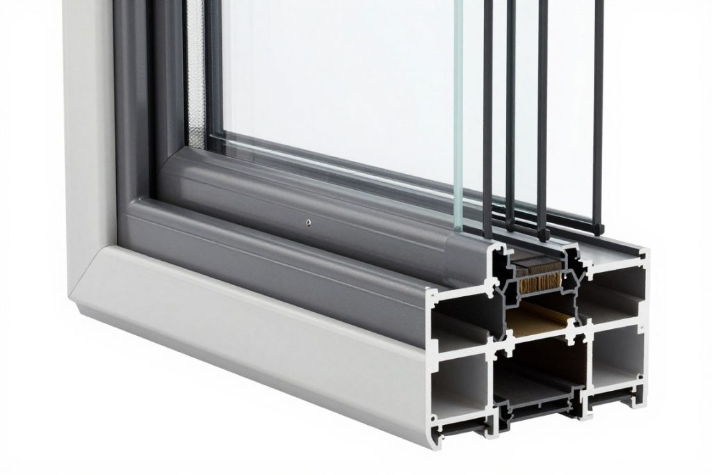 Querschnitt modernes Kunststofffenster zeigt Mehrkammerprofil und Dreifachverglasung, technische Details Fenster Wärmedämmung Schallschutz