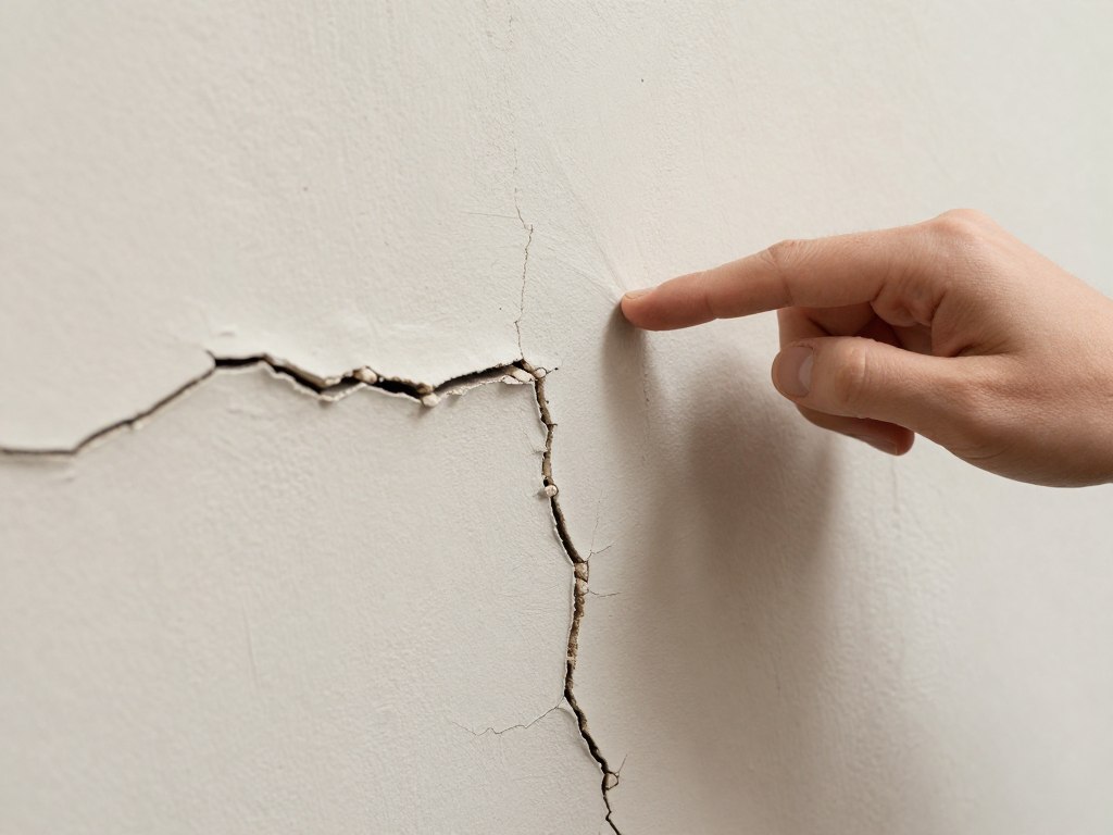 Riss in alter Putzfassade wird untersucht