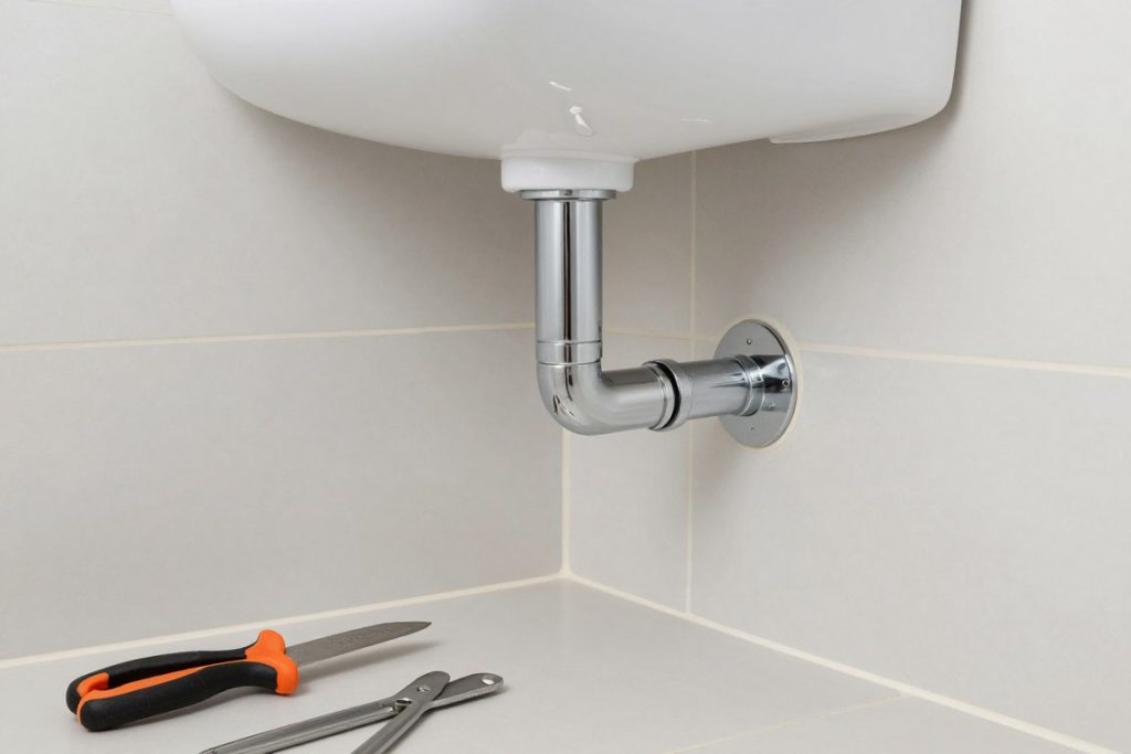Sanitär Installateur bei der Trinkwasserinstallation in einem Badezimmer
