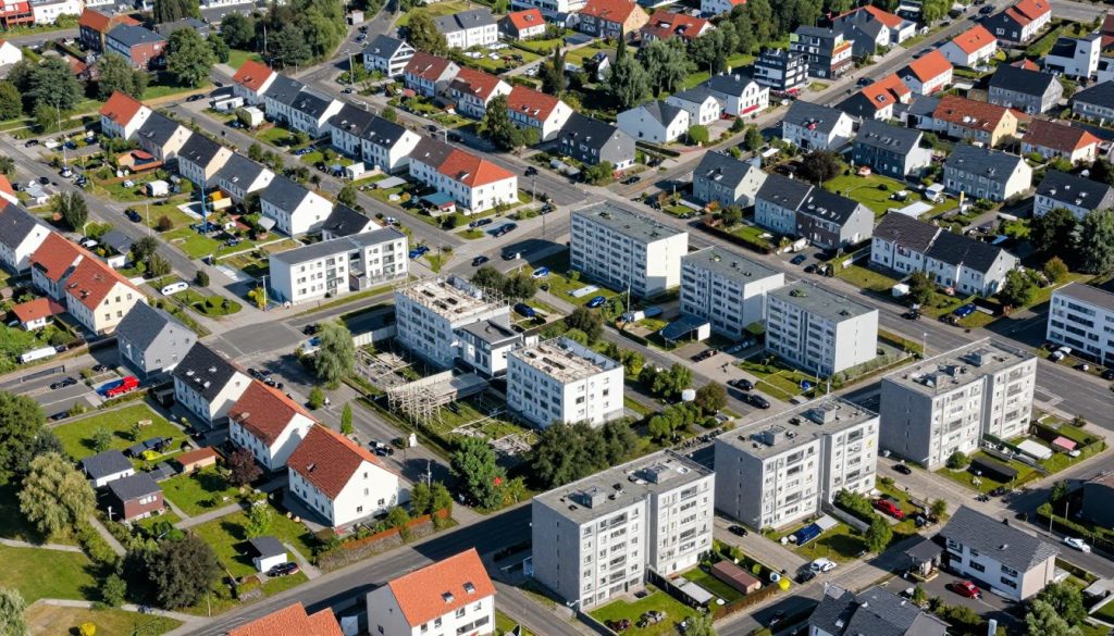 Stadtbild von Norderstedt mit typischen Wohnhäusern und Sanierungsobjekten