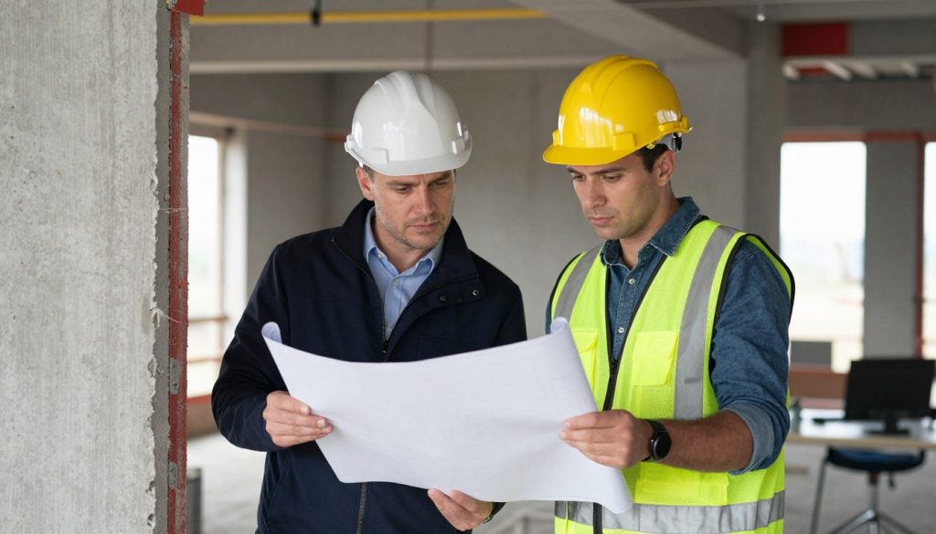Statiker und Maurer prüfen gemeinsam Baupläne vor Wanddurchbruch