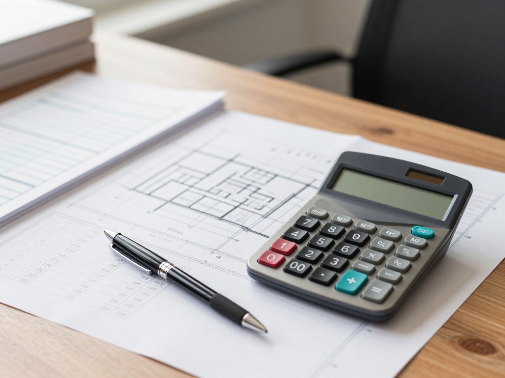 Taschenrechner und Baupläne auf Schreibtisch zur Kostenberechnung von Handwerker-Projekten