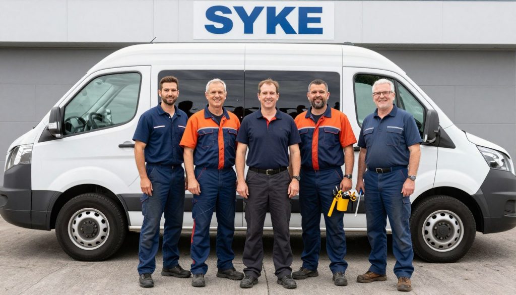 Team von Heizungsbauern und SHK-Installateuren vor Firmenfahrzeug in Syke Team von Heizungsbauern und SHK-Installateuren vor Firmenfahrzeug in Syke