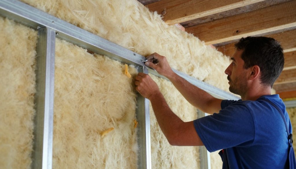 Trockenbauer beim Einbau von Dämmung in Metallständerwand für Schallschutz Trockenbauer beim Einbau von Dämmung in Metallständerwand für Schallschutz