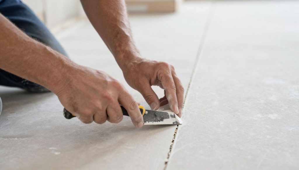 Trockenbauer beim Verspachteln von Gipskartonplatten für glatte Oberfläche Trockenbauer beim Verspachteln von Gipskartonplatten für glatte Oberfläche
