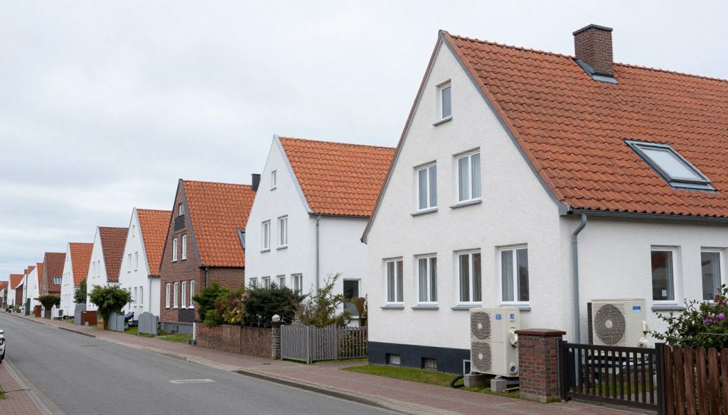 Typische Wohnstraße in Bremerhaven mit Wärmepumpen an mehreren Häusern