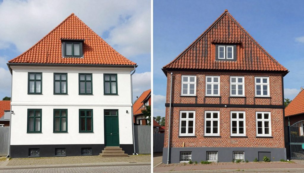 Typisches Wohnhaus in Lemwerder vor und nach Fassadensanierung durch lokale Verputzer