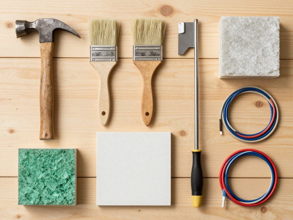 Übersicht verschiedener Handwerk-Leistungen durch symbolische Werkzeuge und Materialien