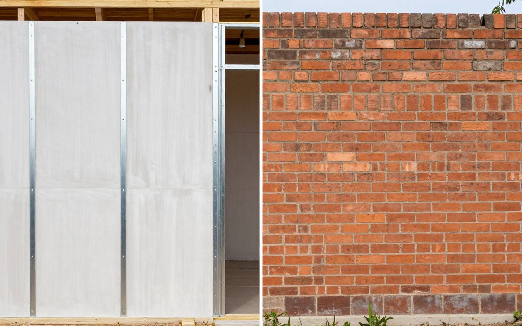 Vergleich Trockenbauwand und Massivwand im direkten Nebeneinander