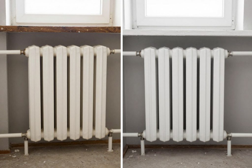 Vergleich alter kleiner Heizkörper und moderner Niedertemperatur-Heizkörper im Altbau