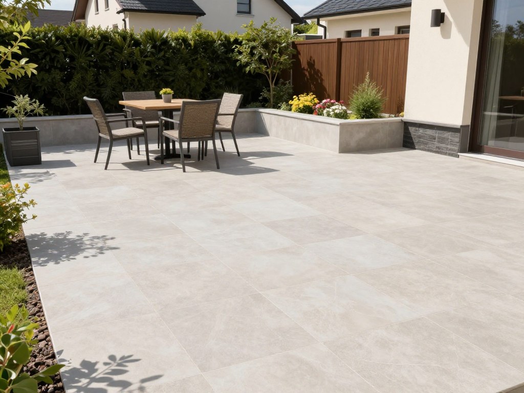 Verlegte Terrassenfliesen mit Gartenmöbeln in Bremervörde