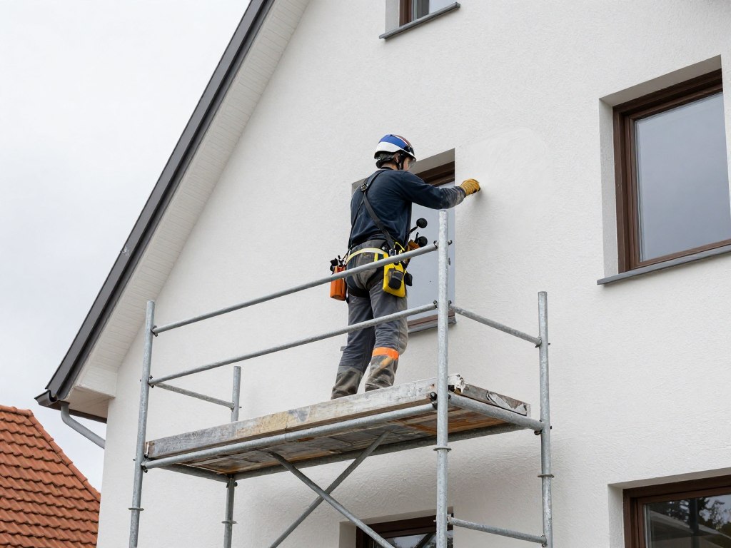 Verputzer arbeitet an Außenfassade mit Gerüst in Norderstedt