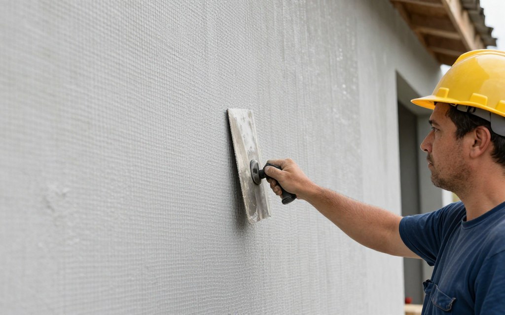 Verputzer beim Auftragen von Armierungsgewebe auf gedämmte Fassade