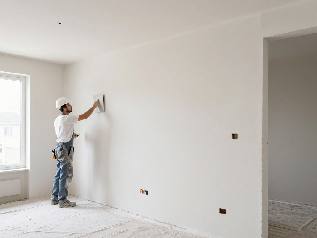 Verputzer trägt Innenputz auf Wand in Neubau Rhauderfehn auf