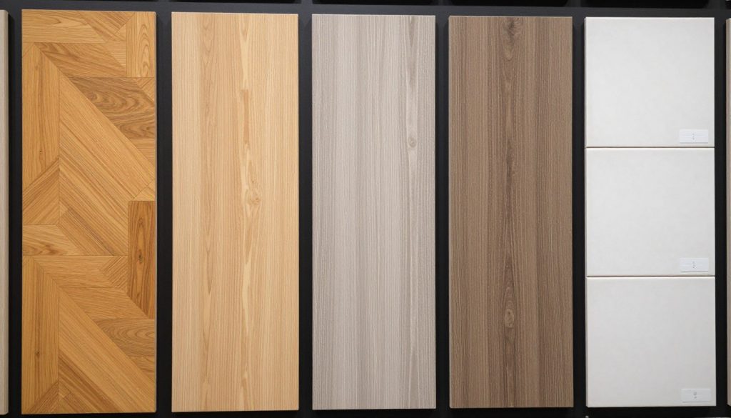 Verschiedene Bodenbeläge nebeneinander: Parkett, Laminat, Vinyl und Fliesen als Musterauswahl Verschiedene Bodenbeläge nebeneinander: Parkett, Laminat, Vinyl und Fliesen als Musterauswahl