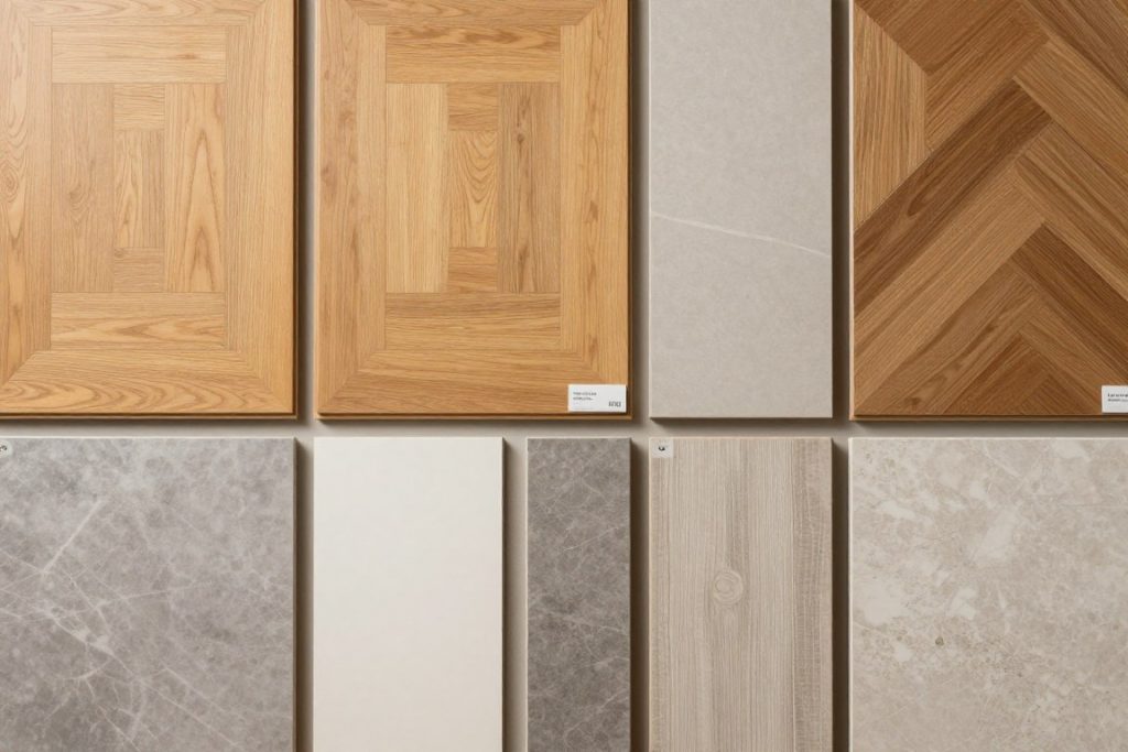 Verschiedene Bodenbeläge und Materialproben für Innenausbau