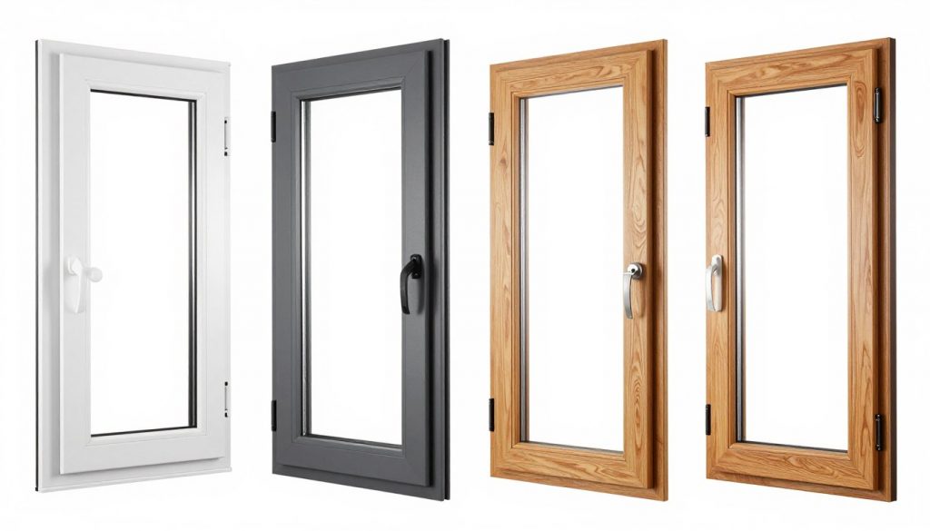 Verschiedene Fenstertypen nebeneinander: Kunststofffenster, Aluminiumfenster, Holzfenster, Materialvergleich für Fensterkauf