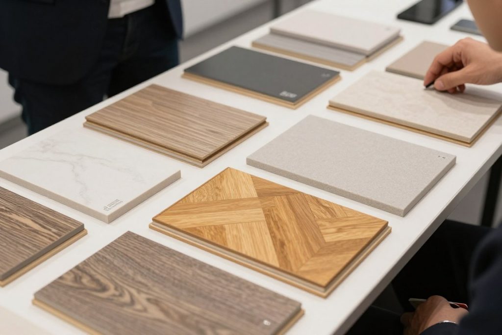 Verschiedene Materialproben für Bodenleger und Fliesenleger in Bremervörde ausgelegt