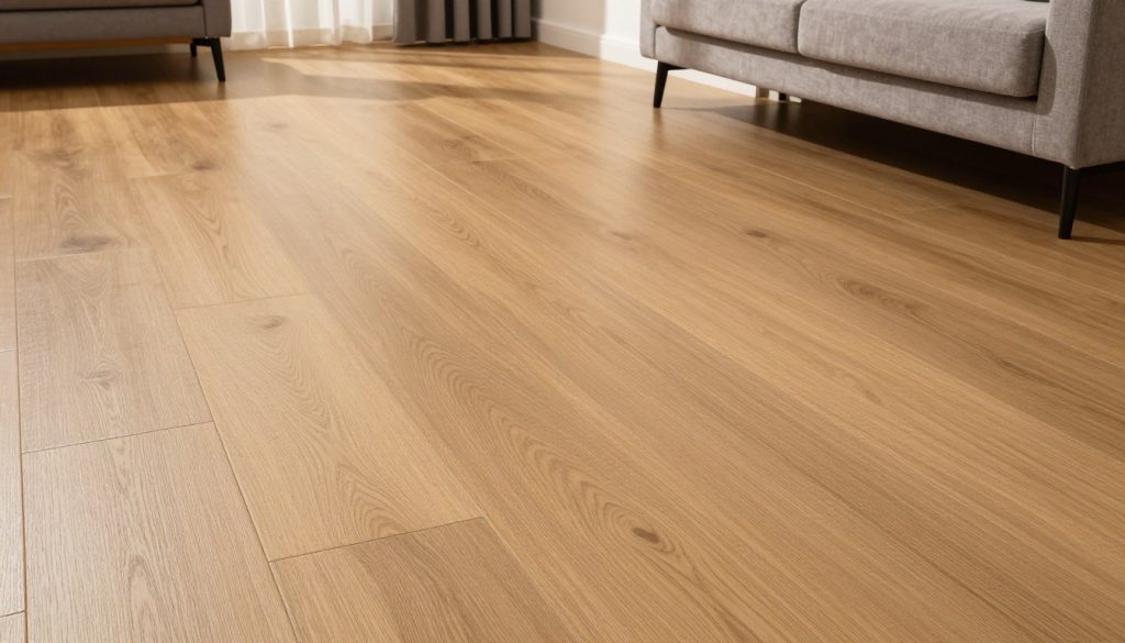 Vinylboden in Holzoptik, modern verlegt im Wohnbereich, warme Atmosphäre Vinylboden in Holzoptik, modern verlegt im Wohnbereich, warme Atmosphäre