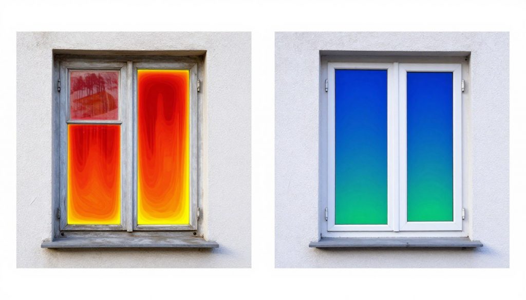 Wärmebildkamera zeigt Wärmeverlust an alten Fenstern vs neue Fenster mit guter Wärmedämmung, Energieeffizienz visualisiert