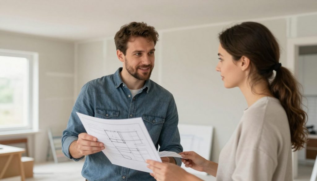 Werklotse-Berater erklärt Trockenbau-Projekt anhand von Plänen beim Hausbesuch