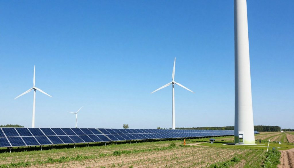 Windräder und Photovoltaik symbolisieren erneuerbare Energien für Wärmepumpen Windräder und Photovoltaik symbolisieren erneuerbare Energien für Wärmepumpen