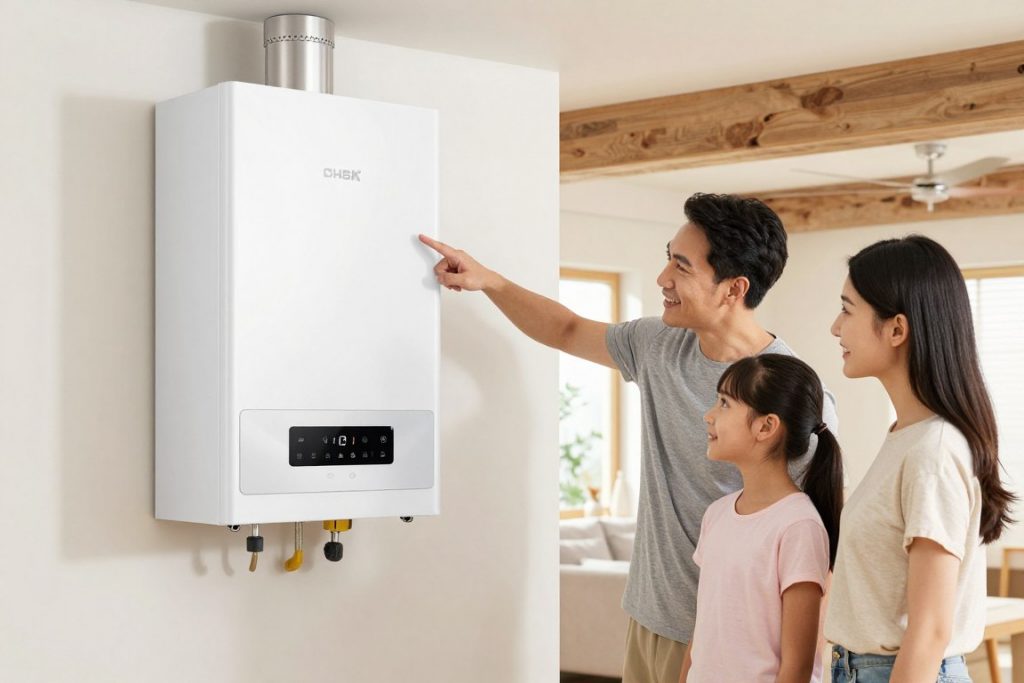Zufriedene Familie vor ihrer neuen Heizungsanlage nach Installation